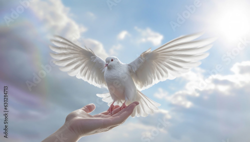 Hand Holding a White Dove. Symbol of Peace, Love, and Hope. Free