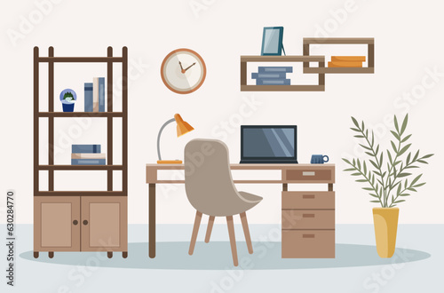 Workplace, modern interior, office. Office with сomputer, home flower, clock, lamp. Work at home. Illustration in flat cartoon style.