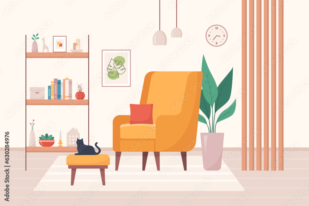 Cozy home interior design concept. Living room interior. Vector illustration in flat style Cozy home interior design concept. Living room interior. Vector illustration in flat style