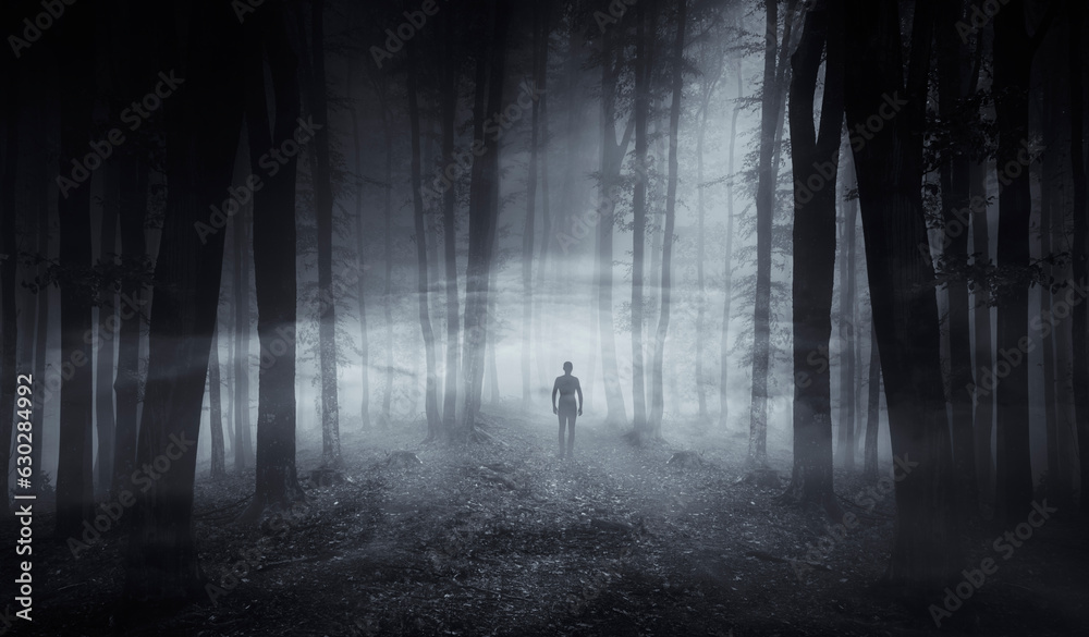 man in dark spooky forest at night, horror halloween background