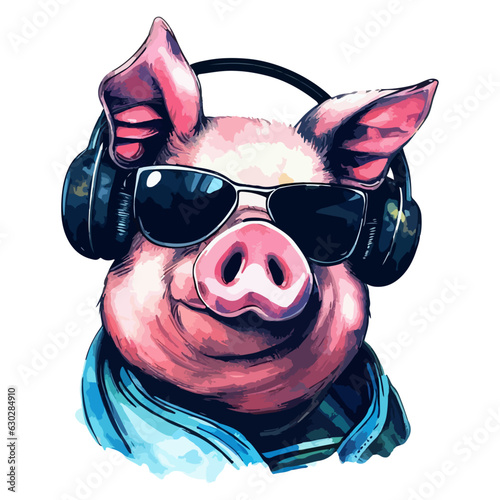cool pig wearing sunglasses and headphones watercolor illustration