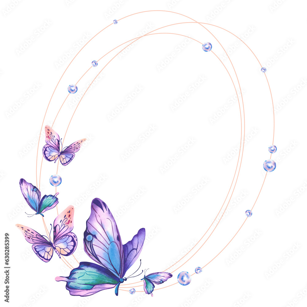 A frame of morpho butterflies with pink-orange and purple wings. Beautiful exotic insects. Watercolor illustration on a white background.