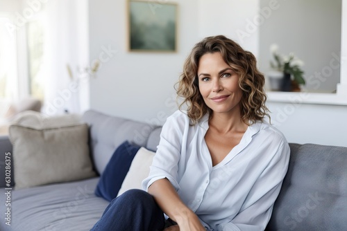 Positive middle age woman female person with glasses on sofa  and relax in house alone