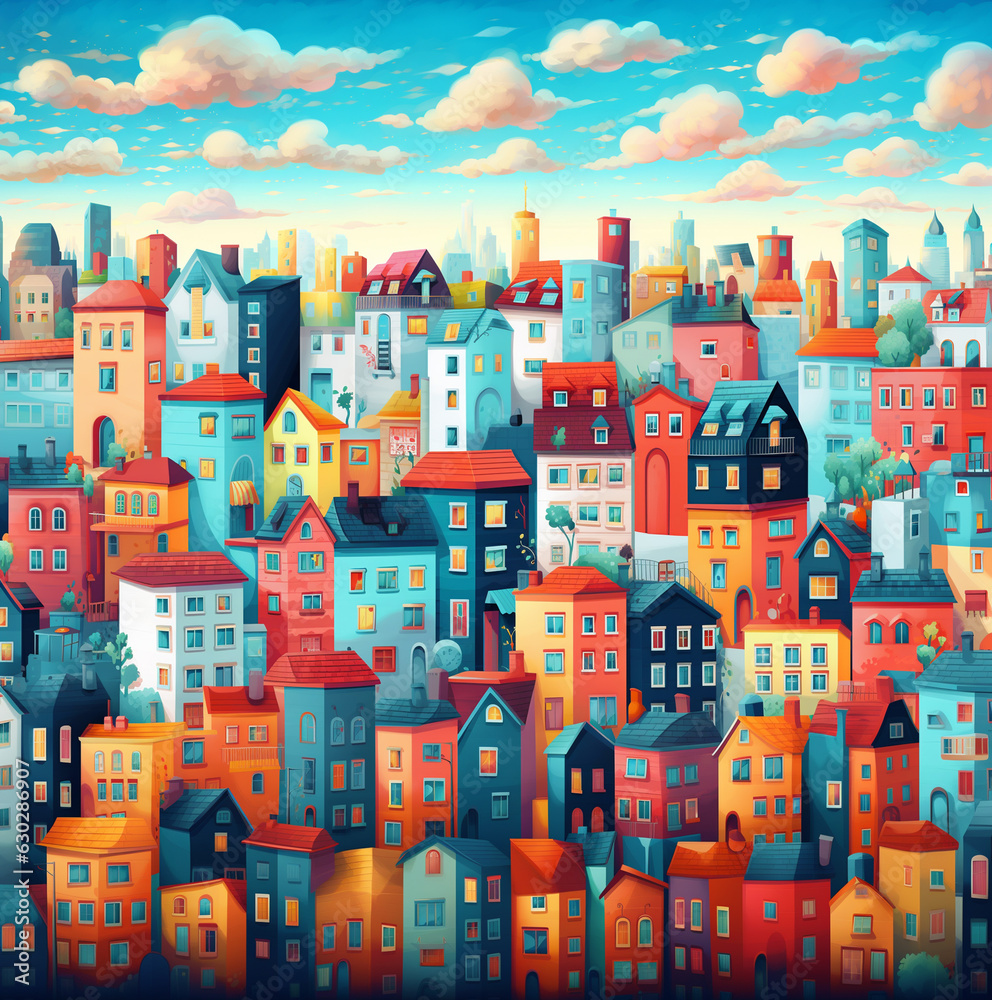 Residential district of a colorful cozy town. Aerial view of a city with small orange and blue houses in summer. AI-generated illustration