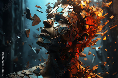 Mental health concept with a persons whole head fracturing and exploding. Generative AI.