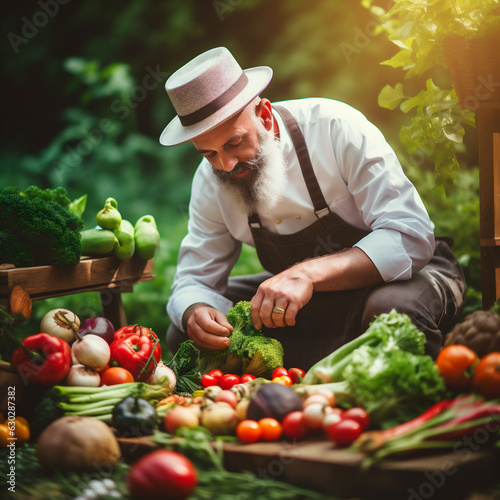 Anonymous chef harvesting fresh vegetables on green garden 