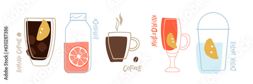 Drinks set. Different types of drinks ib doodle style. Summer cocktails and hot drinks. Liquids in glasses and bottles for pub, bar, restaurant menu, party decor, beverage template, recipes