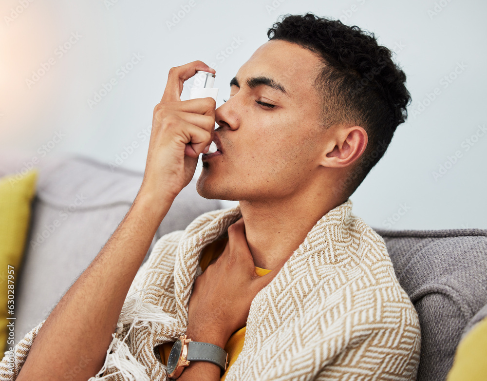 Asthma, couch and man with inhaler for flu, cold or fever in a home