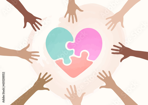 Racial equality, charity, support and love concept. Hands of diverse multicultural people around the heart