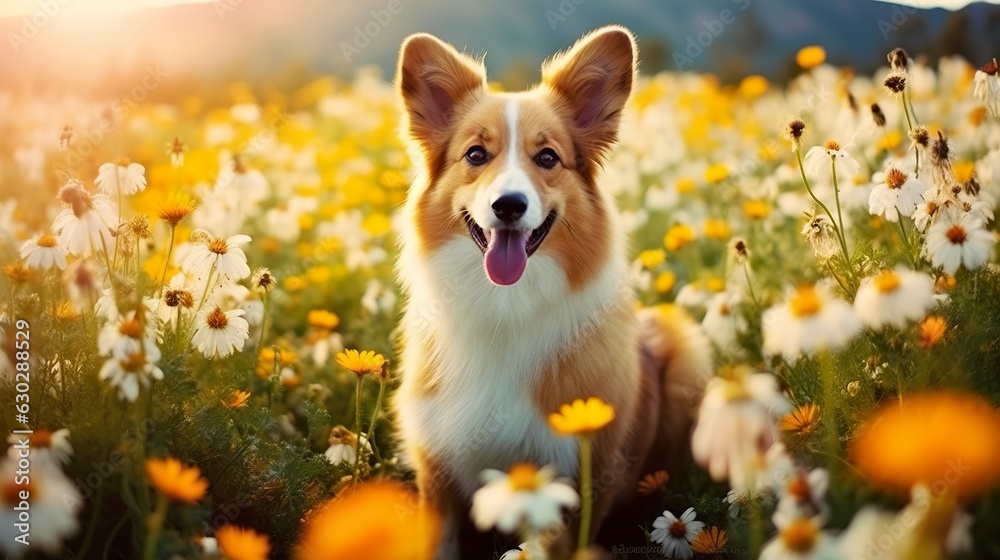 Charming corgi dog with flowers in the spring. Charming corgi dog with flowers in the spring.