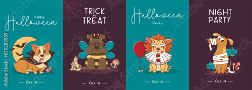 Collection of postcards with Funny cartoon purebred dogs in Halloween costumes. Scary funny character for halloween. Vector illustration of pets