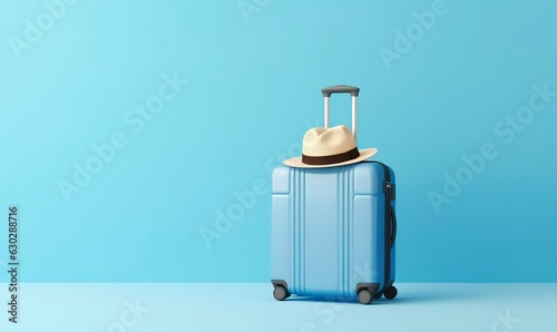 Blue suitcase with sunglasses on a pastel blue background. travel concept. 