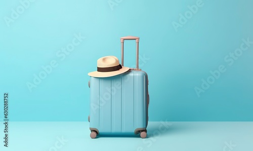 Blue suitcase with sunglasses on a pastel blue background. travel concept. 