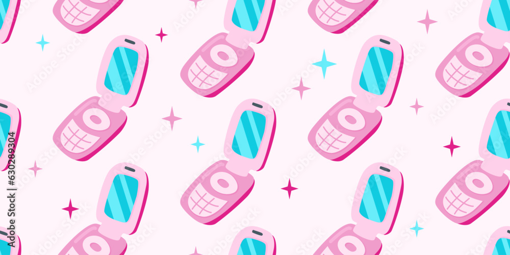 90s 00s seamless pattern pink glamorous flip mobile phone and stars in flat cartoon style. Vector illustration
