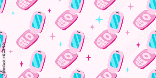 90s 00s seamless pattern pink glamorous flip mobile phone and stars in flat cartoon style. Vector illustration