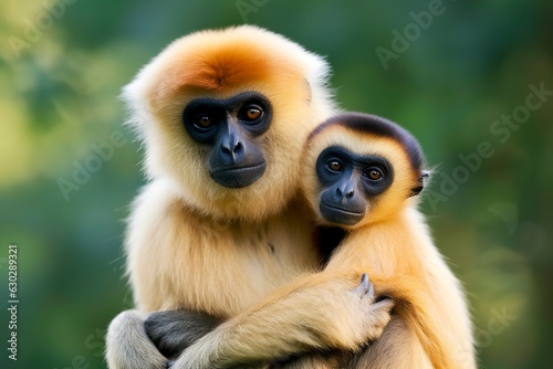 Close image of Cheeked Gibbon monkey mother with a child in the forest.