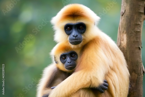 Close image of Cheeked Gibbon monkey mother with a child in the forest.