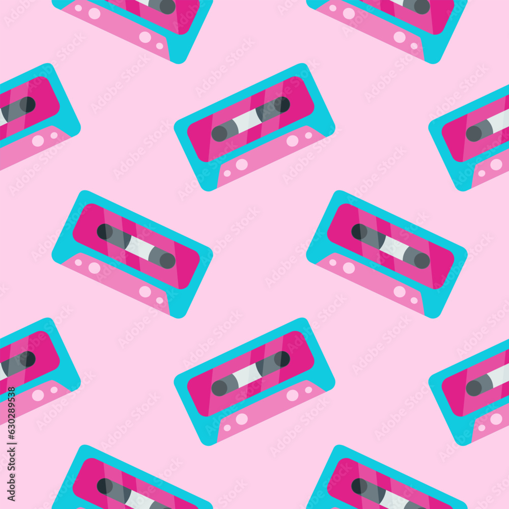 Obraz premium 90s seamless pattern retro cassette in flat cartoon style. Pink retro music background