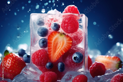 Ice Cubes with Fruits. Refreshing and Healthy Summer Drink with Fresh Berries, Mint, and Citrus Slices in a Glass. Perfect for Parties and Cocktails.