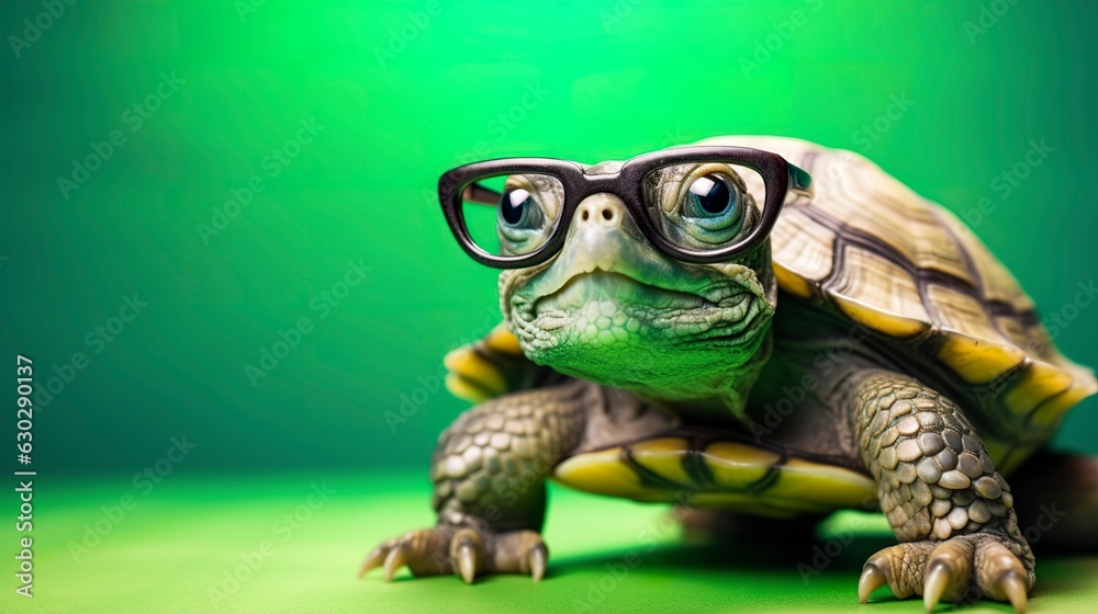 A cute little green turtle with glasses, A cute little green turtle with glasses,