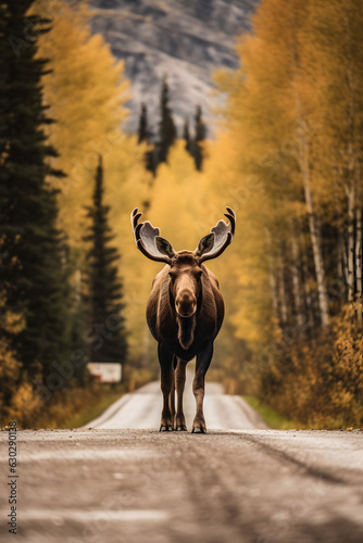 Magnificent Moose in Autumn on The Road - generative ai