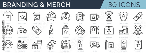 Set of 30 outline icons related to branding and merch. Linear icon collection. Editable stroke. Vector illustration
