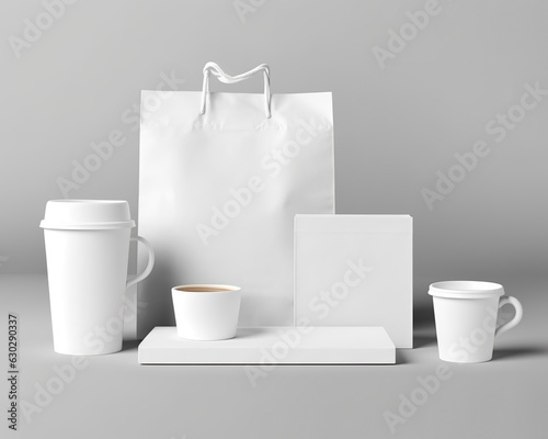 Blank bag, coffee mug, and cup on a light background.  © MstAsma