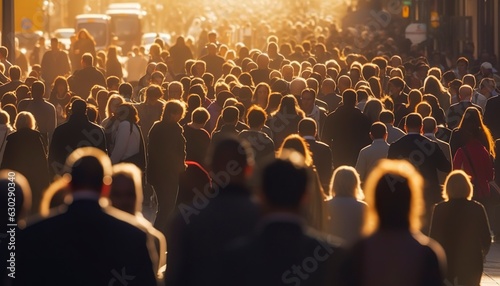 Crowd of people walking busy city street backlit. 