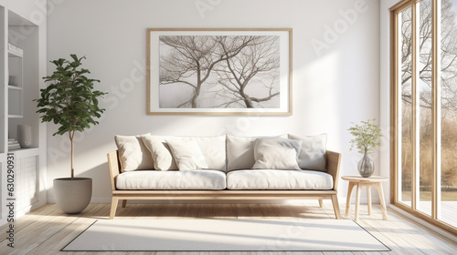 Sunny Scandinavian Interior With Cozy Couch and Picture Hanging on Wall © Asad