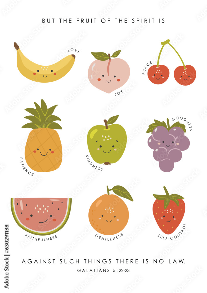 Cute Fruits of the spirit, Educational fruits illustration, educational