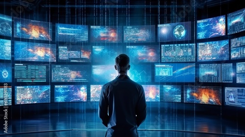 A person watching a video wall with multimedia images on different television screens.