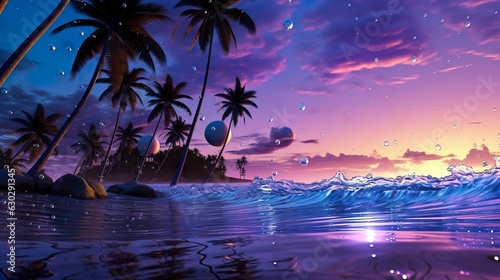 Beach with waves and coconut trees at sunset. 