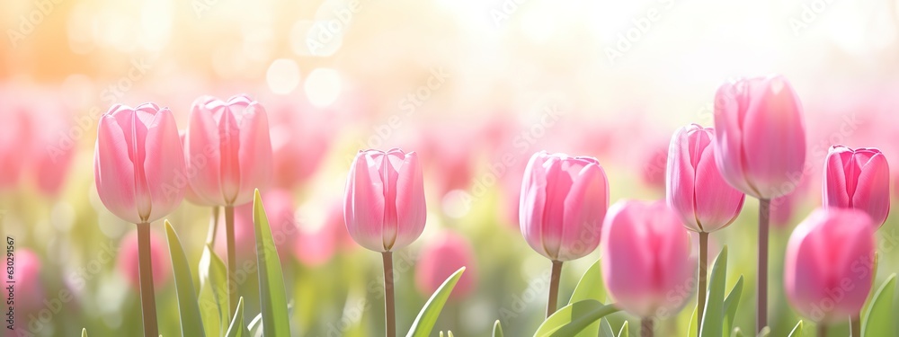 Beautiful pink Tulip on a blurred spring sunny background. 