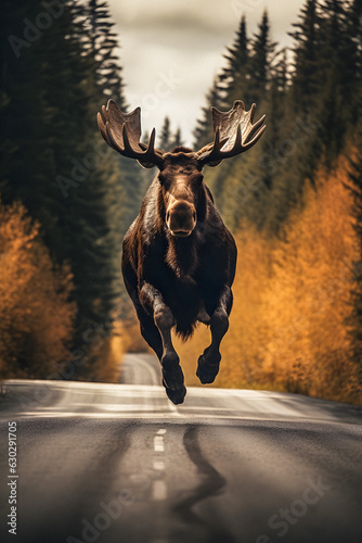 Magnificent Moose in Autumn on The Road - generative ai