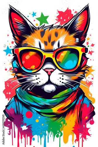 closeup colorful portrait of a cat in sunglasses in paints, print, tshirt design, white background © Ocharonata