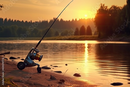 fishing rod on the background of the lake or the river photo