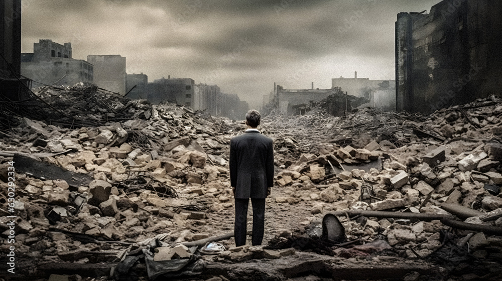 Resilience Amidst Chaos - Elegant man walking through WWII bombed city rubble - generative ai Resilience Amidst Chaos - Elegant man walking through WWII bombed city rubble - generative ai