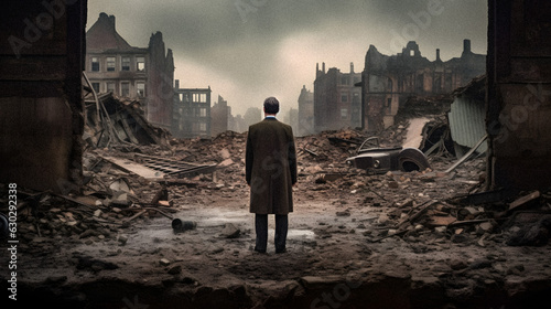 Resilience Amidst Chaos - Elegant man walking through WWII bombed city rubble - generative ai