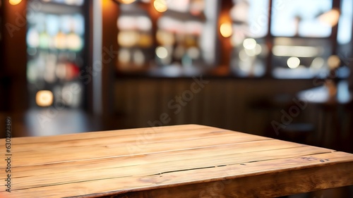 High Quality Image of wooden table in front of abstract blurred Bar lights background