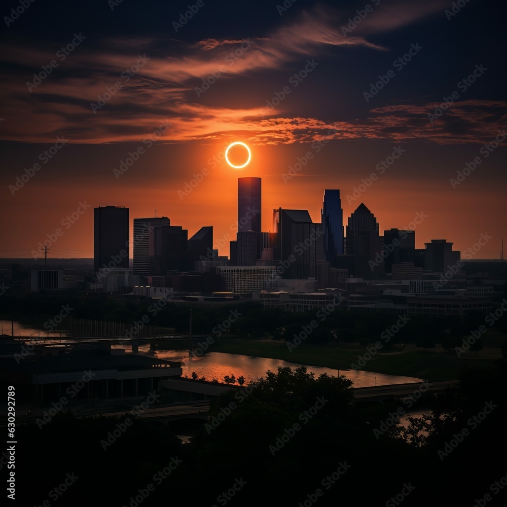 Full Solar Eclipse at Totality Above City Skyline Silhouette with River 