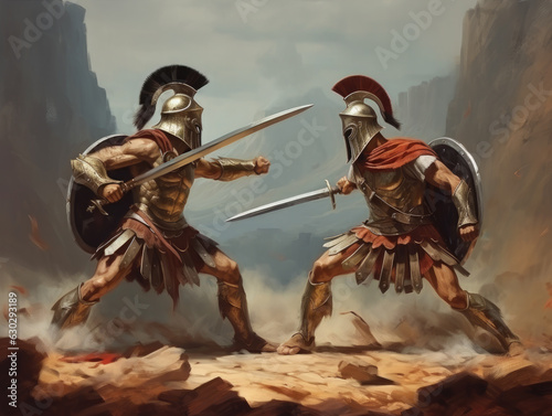 Fight of two Roman soldiers. Digital art.