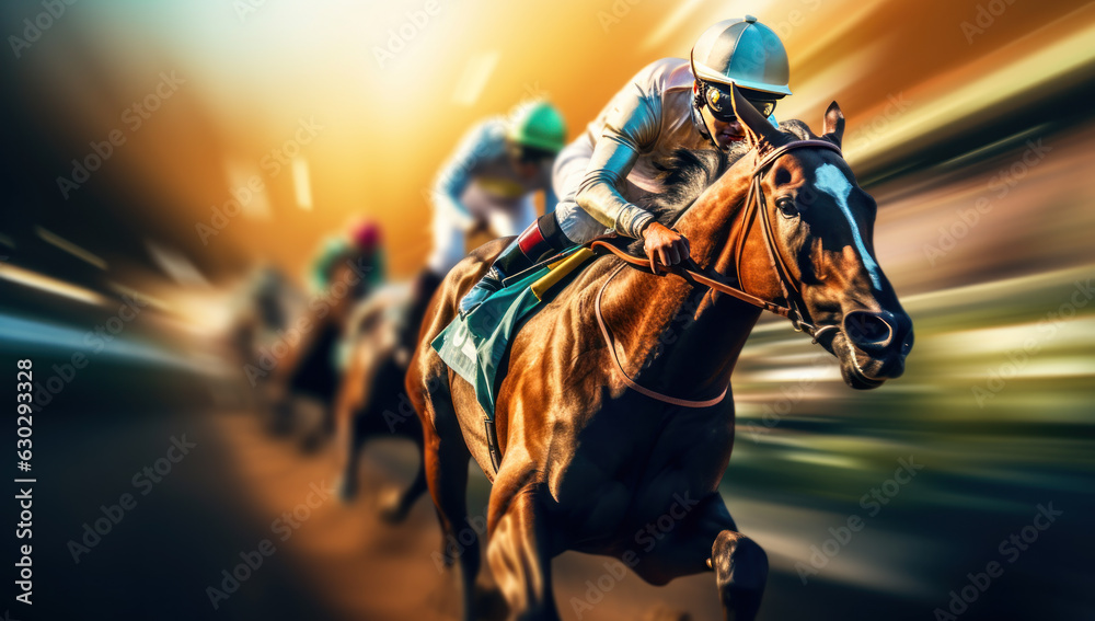 Jockey Rider on Horse Racing. Speeding Towards Success in Equestrian Sport. Action Packed Competition on Turf Track. Gambling, Betting, and Thrills Await.