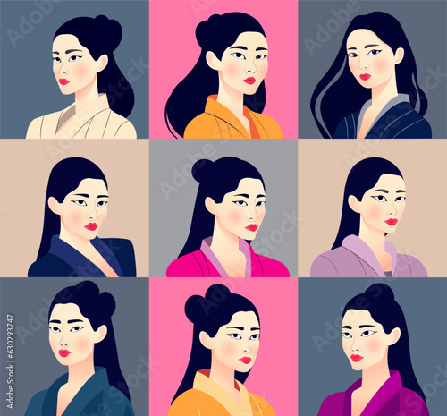 Avatars, icons. Young women with black hair color, different portraits for social media. A wide range of customizable characters, for profiles and web design, isolated art flat vector set.