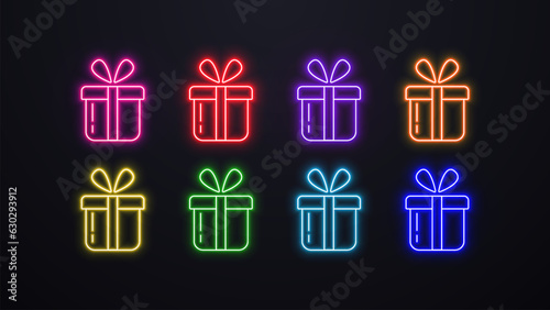 A set of neon glowing gift icons in different colors: blue, green, yellow, red, orange, purple and pink on a dark background.