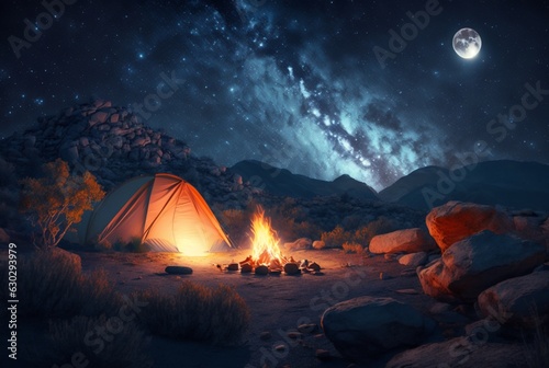 Night camping with bonfire and tent under clear starry sky and milky way. generative ai