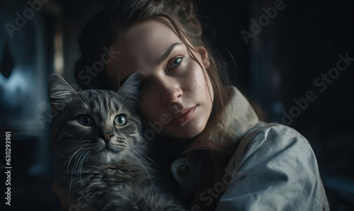Fényképezés Young woman in a rough work jacket gently hugs her gray tabby cat