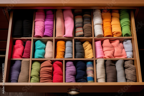 Neatly organized closet: colorful knitwear in drawer organizer