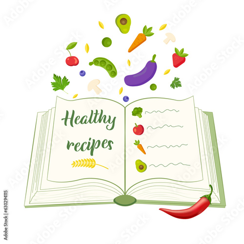 Open book of healthy food recipes, vegetarian food, vegetables, fruits, cereals. Flat vector illustration