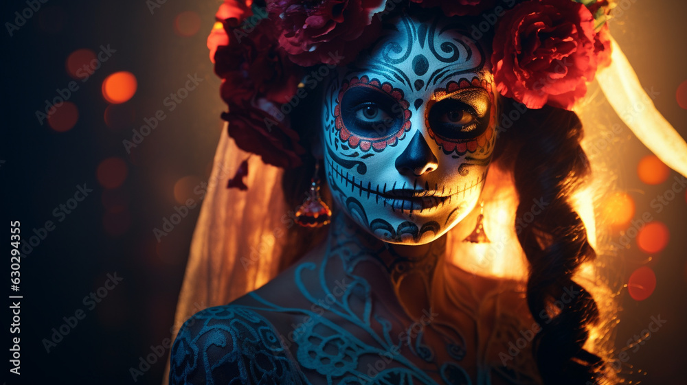 La Catrina dia de muertos schöne Frau mit Maske / Make-up, dekoriert mit Blumen Kostüm. Tag der Toten in Mexico. Querformat. Generative Ai.