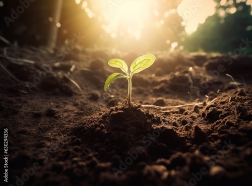 Planting seedlings young plants in the morning light on a nature background. Cultivating Agriculture and Eco Living concept